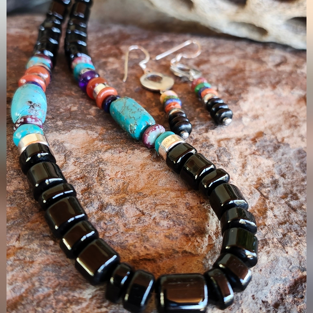Black and Turquoise Beaded Necklace with Multicolor Accents